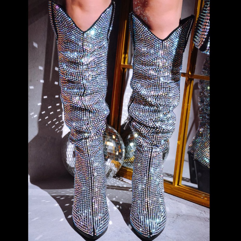 Cape Robbin Diamond Rider Rhinestone Glamour Western Slouch Draped Knee Boots - Picture 15 of 17